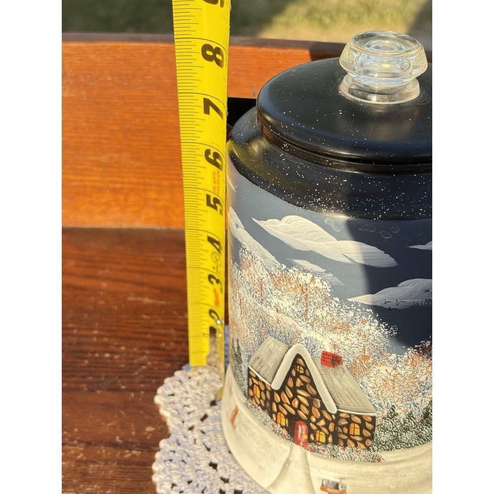 Vtg Light Blue Metal Pyres Coffee Pot Perculator Hand Painted Winter Home Scene - Picture 5 of 5